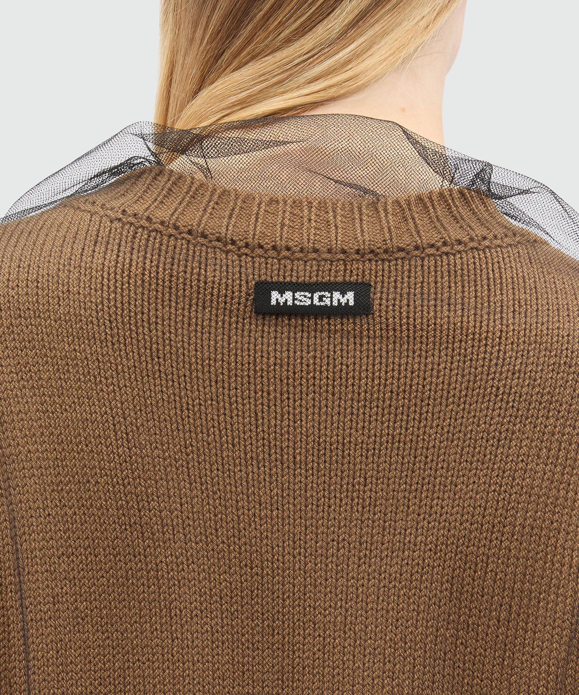 Beige wool blend cardigan with tulle layer - 5
