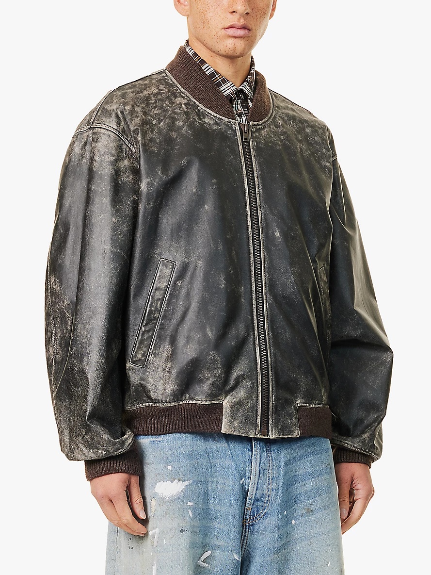 Crew-neck two-buttoned-pockets relaxed-fit leather jacket - 3