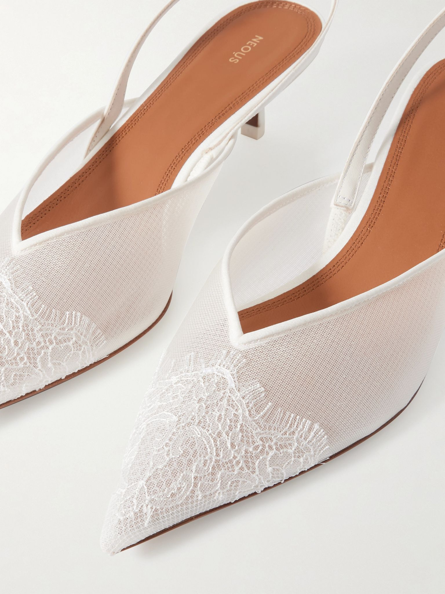 Irena satin and lace-trimmed mesh slingback pumps Cream - 4