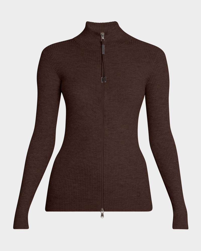 Ribbed Long-Sleeve Monili Zip-Up Top 1