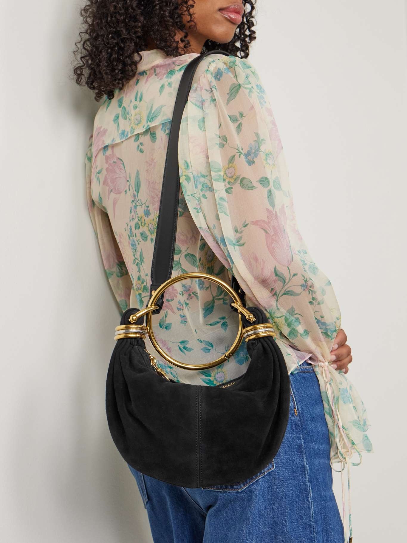 Bracelet small embellished leather-trimmed suede shoulder bag Black - 6