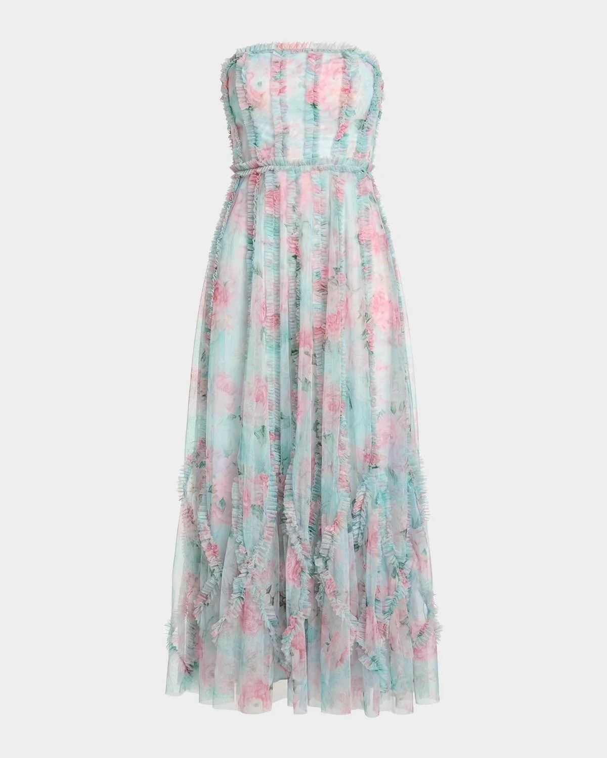 Strapless Ruffle-Trim Floral Mesh Midi Dress - 1