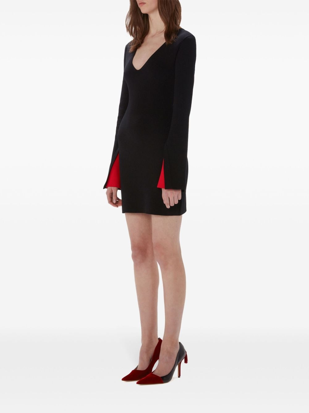 contrast-cuff V-neck dress - 3