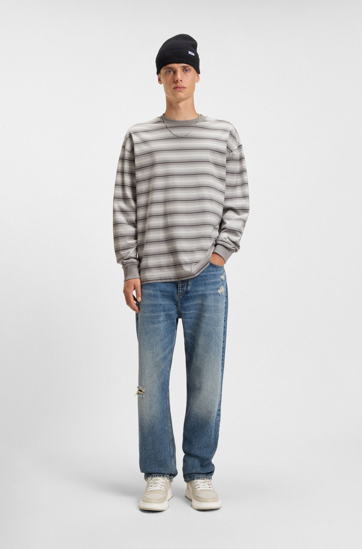 LOOSE-FIT COTTON T-SHIRT WITH HORIZONTAL STRIPES - 4