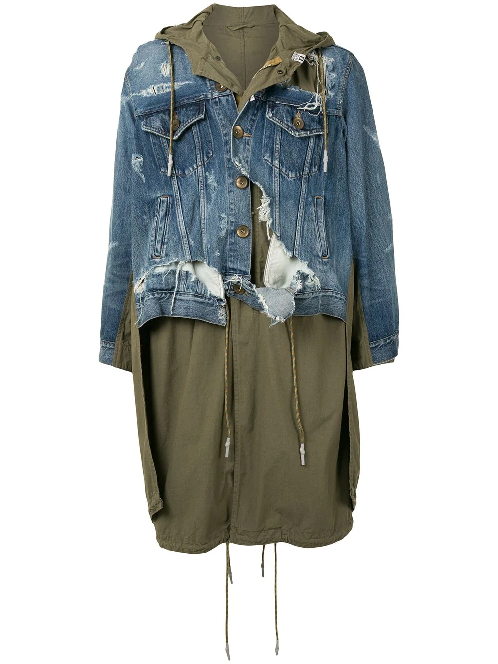 broken denim layered parka coat - 1