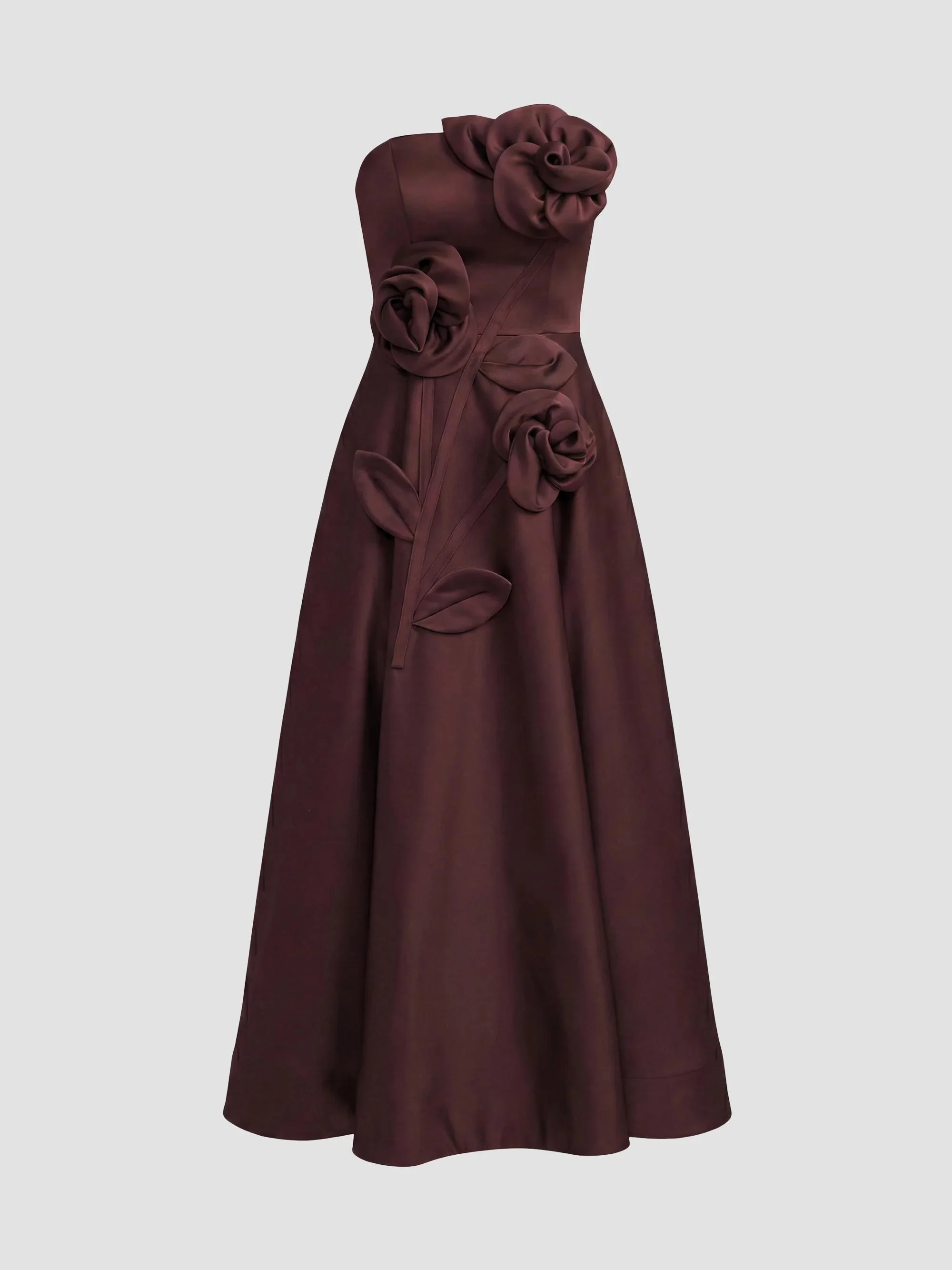 Women's Floral Satin Strapless Midi Dress - Wine - 1