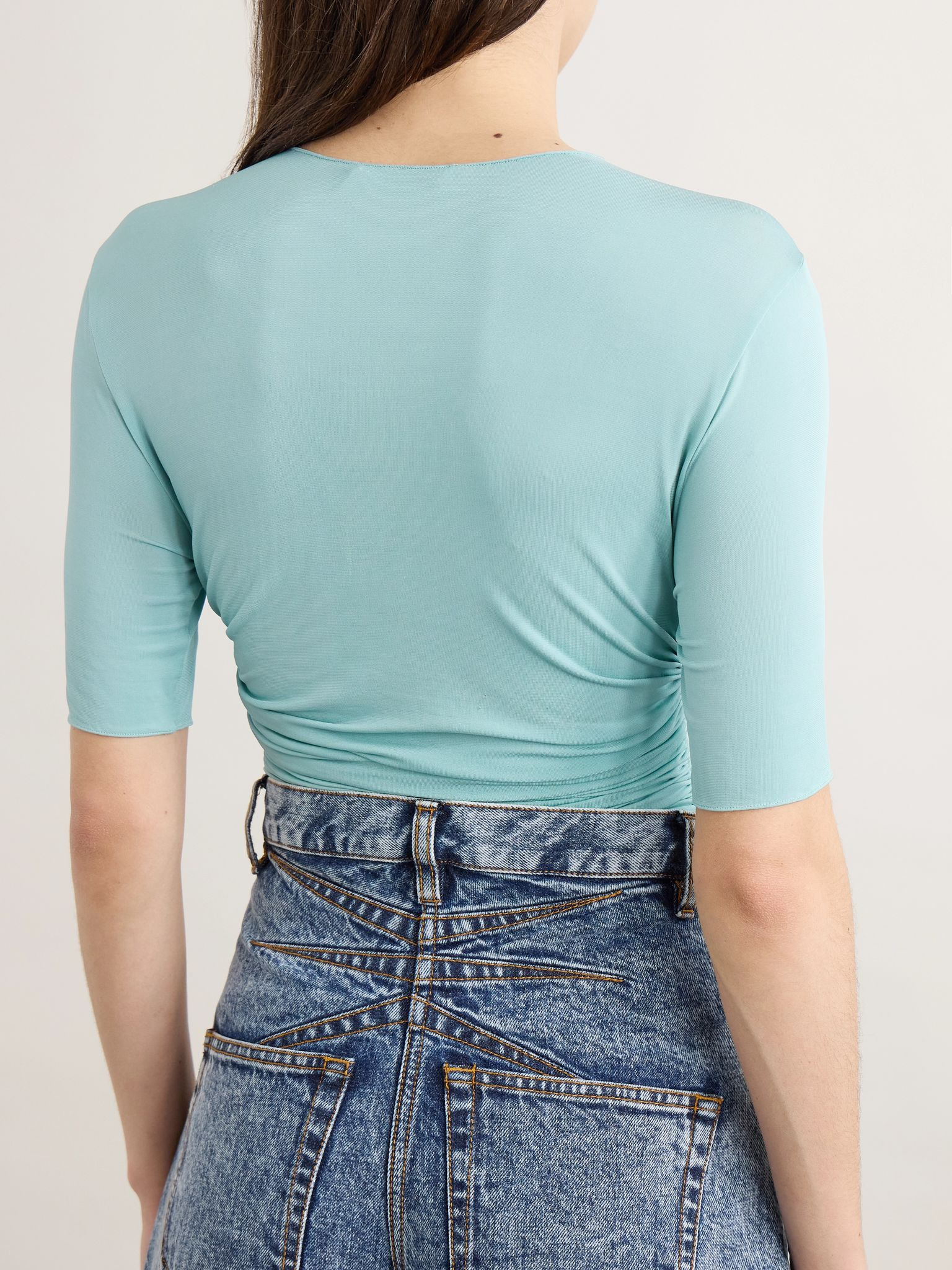 Ruched stretch-jersey T-shirt Turquoise - 3