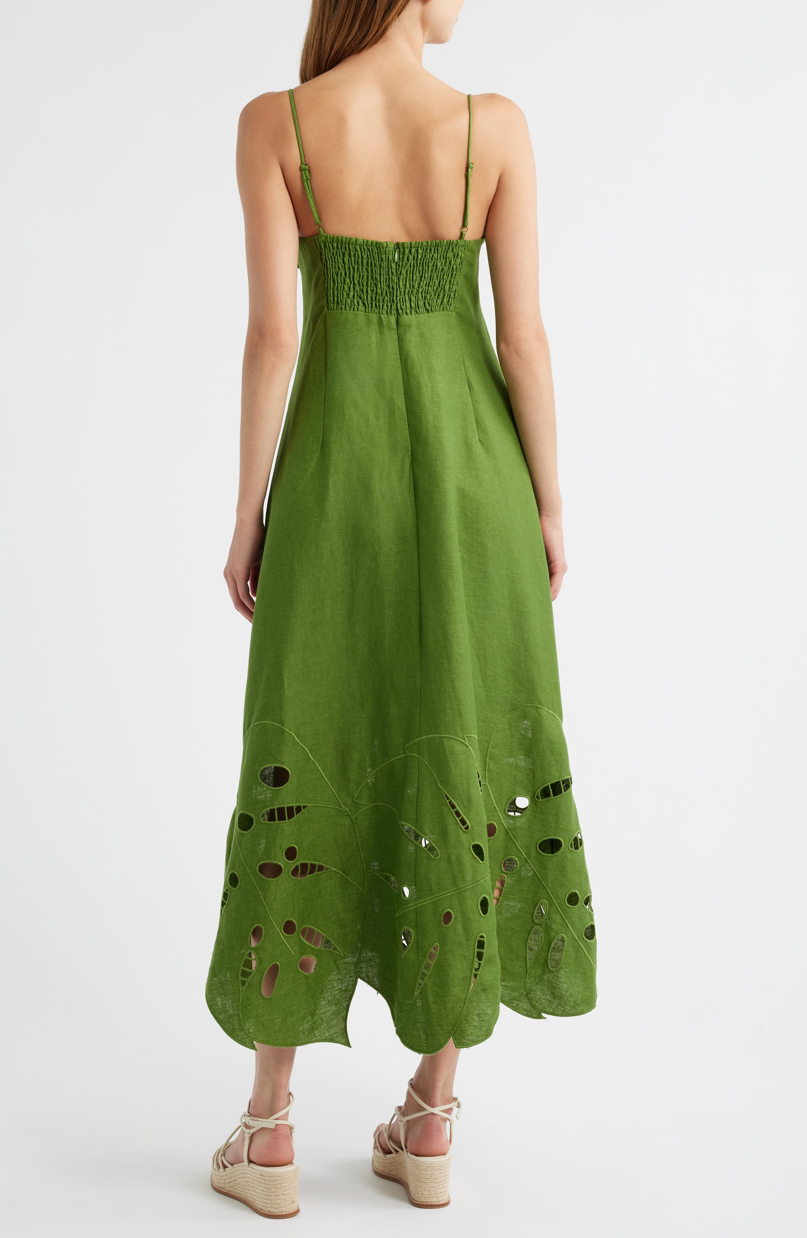 FARM Rio Monstera Embroidery Linen Midi Dress in Green at Nordstrom - 2