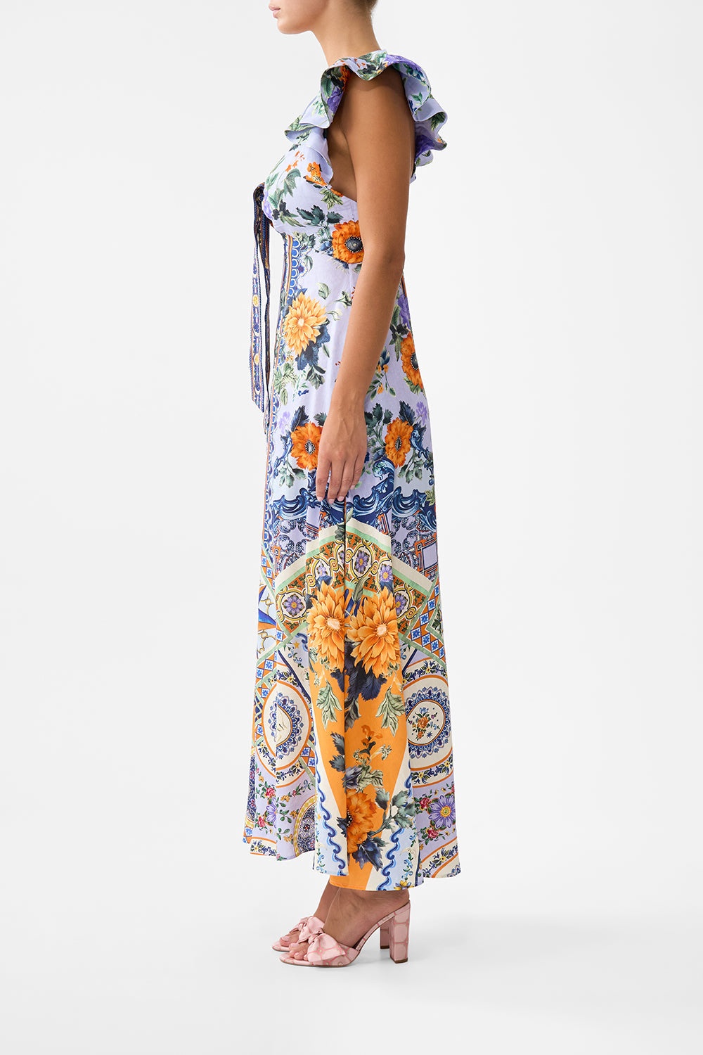 TIE FRONT FRILL SLEEVE LONG DRESS - 4