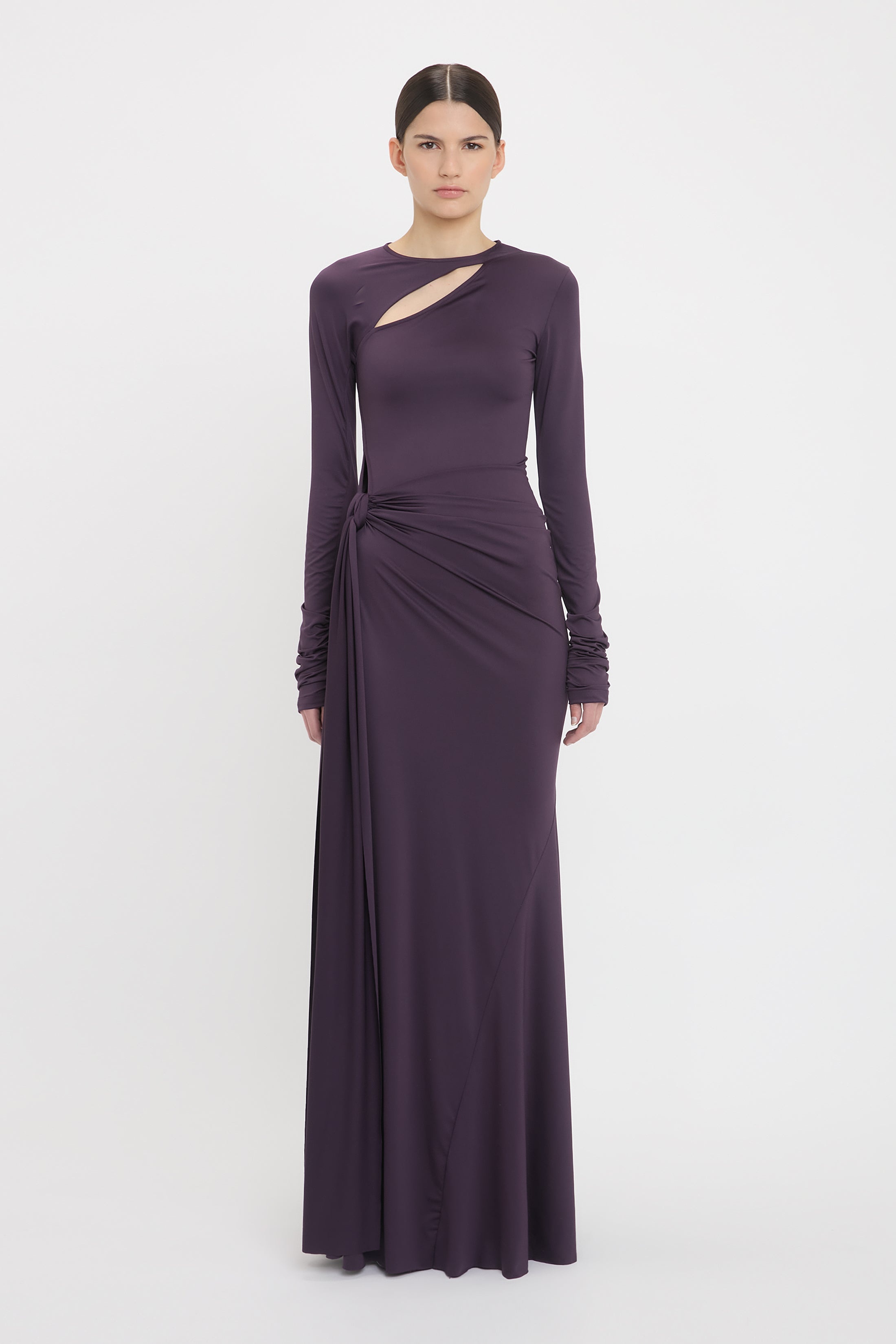 Long Sleeve Tie Front Gown In Fig - 2