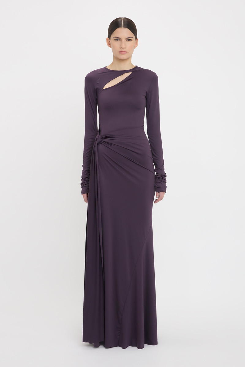 Victoria Beckham Long Sleeve Tie Front Gown In Fig outlook