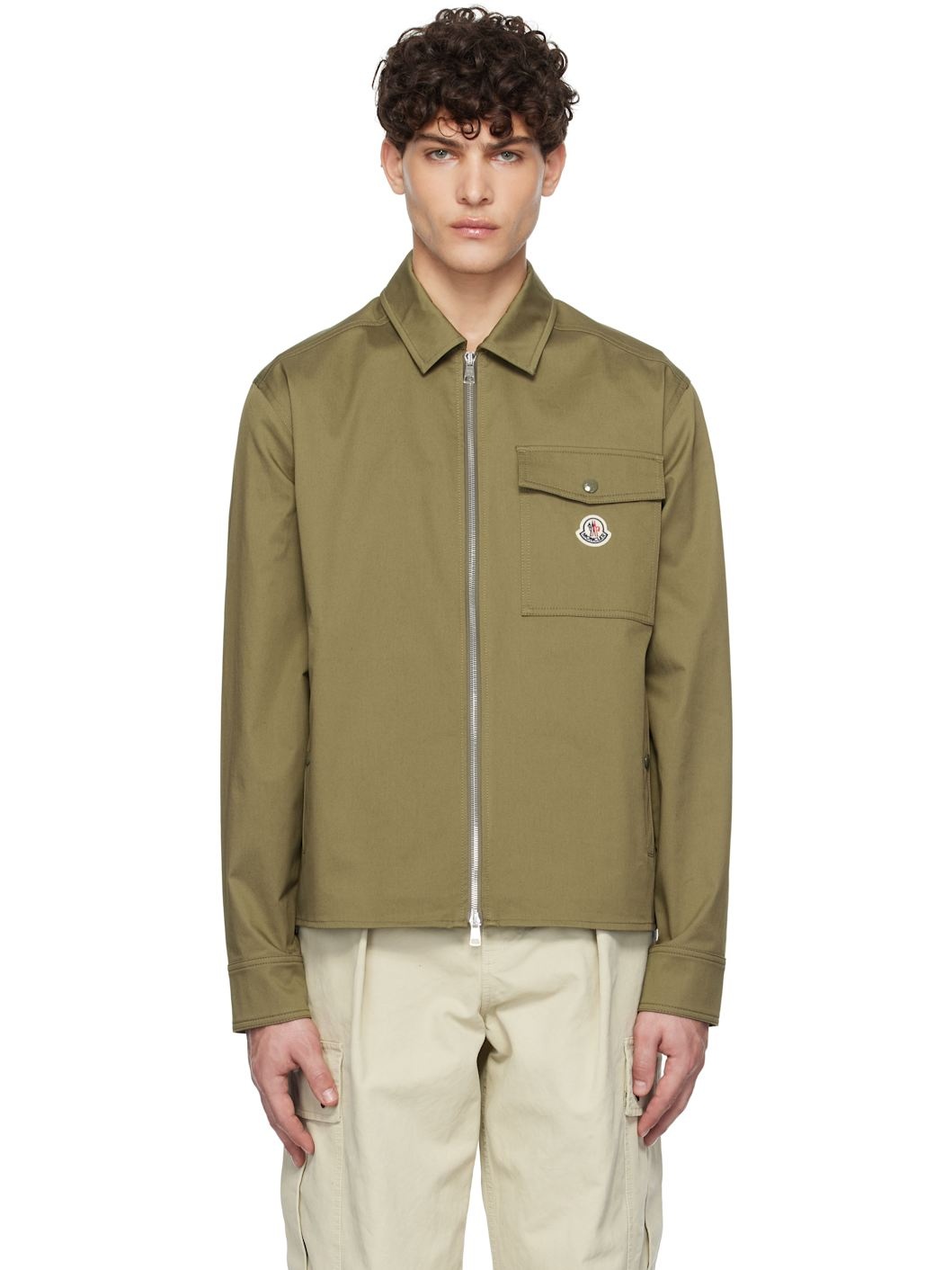Khaki Cotton Gabardine Zip-Up Jacket - 1
