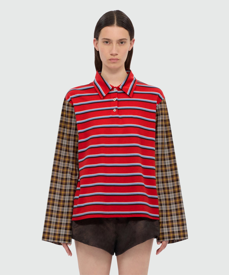 MSGM Striped jersey patchwork polo with contrast sleeves. outlook
