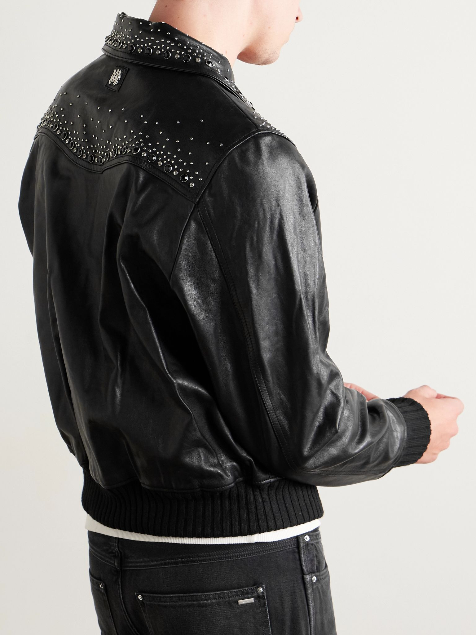 Embellished Leather Western Bomber Jacket Black - 3