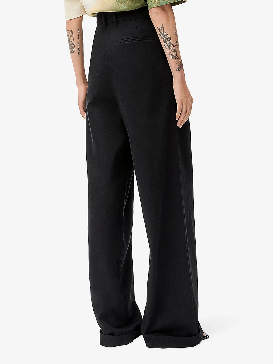 Pleated wide-leg mid-rise cotton-blend trousers - 4