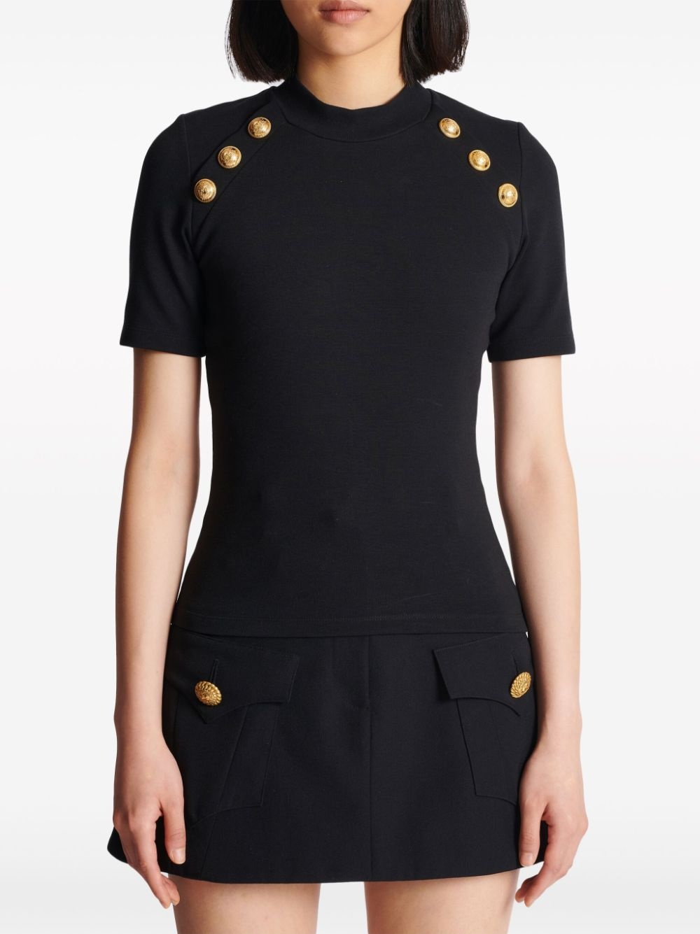 embossed-button round-neck T-shirt - 5