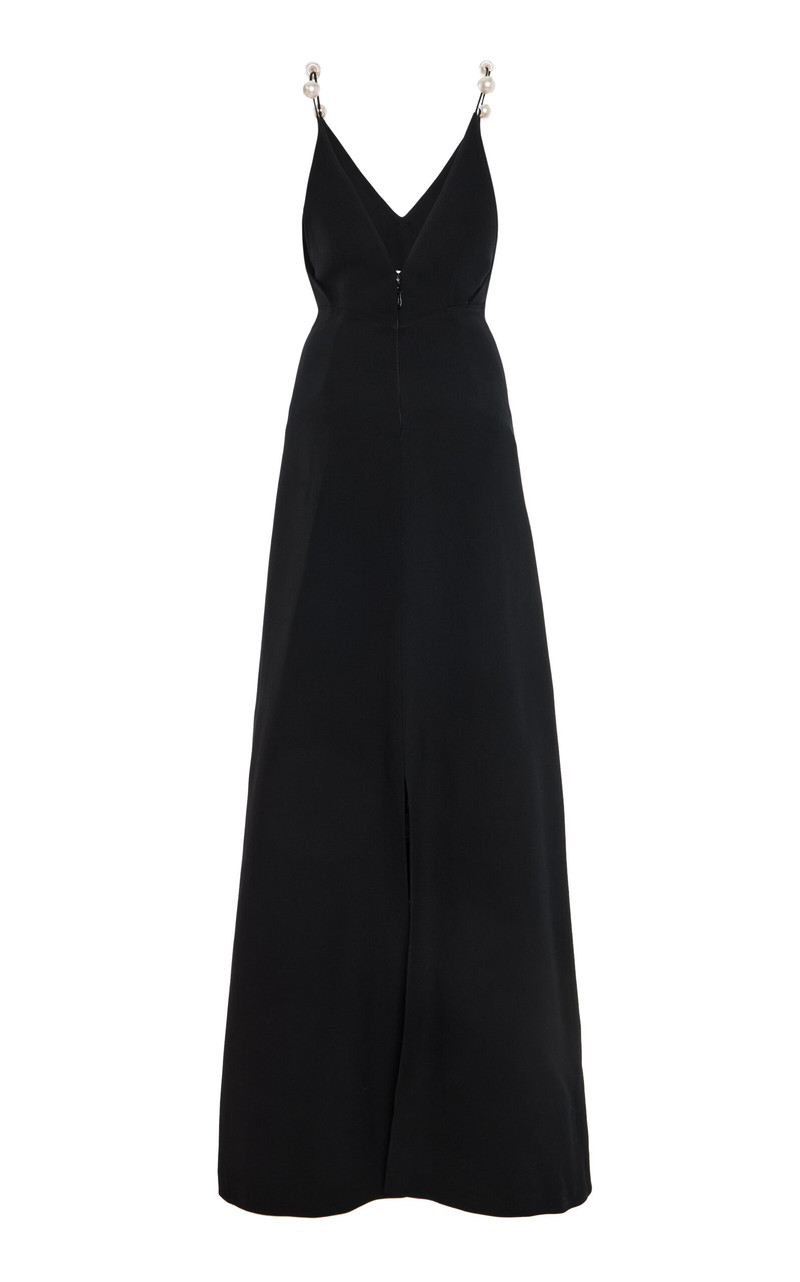Monique Lhuillier A-Line V Neck Wool Blend Gown With Pearl Straps black outlook