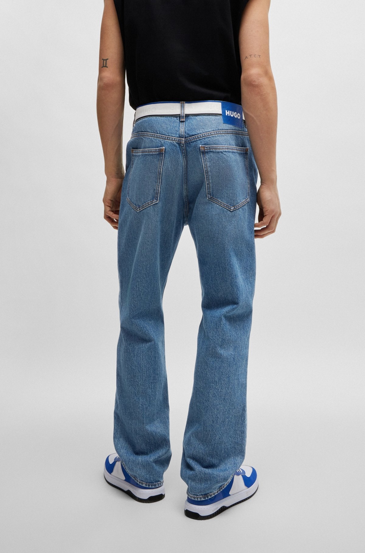 MID-BLUE DENIM JEANS WITH LOGO-TAPE WAIST - 4