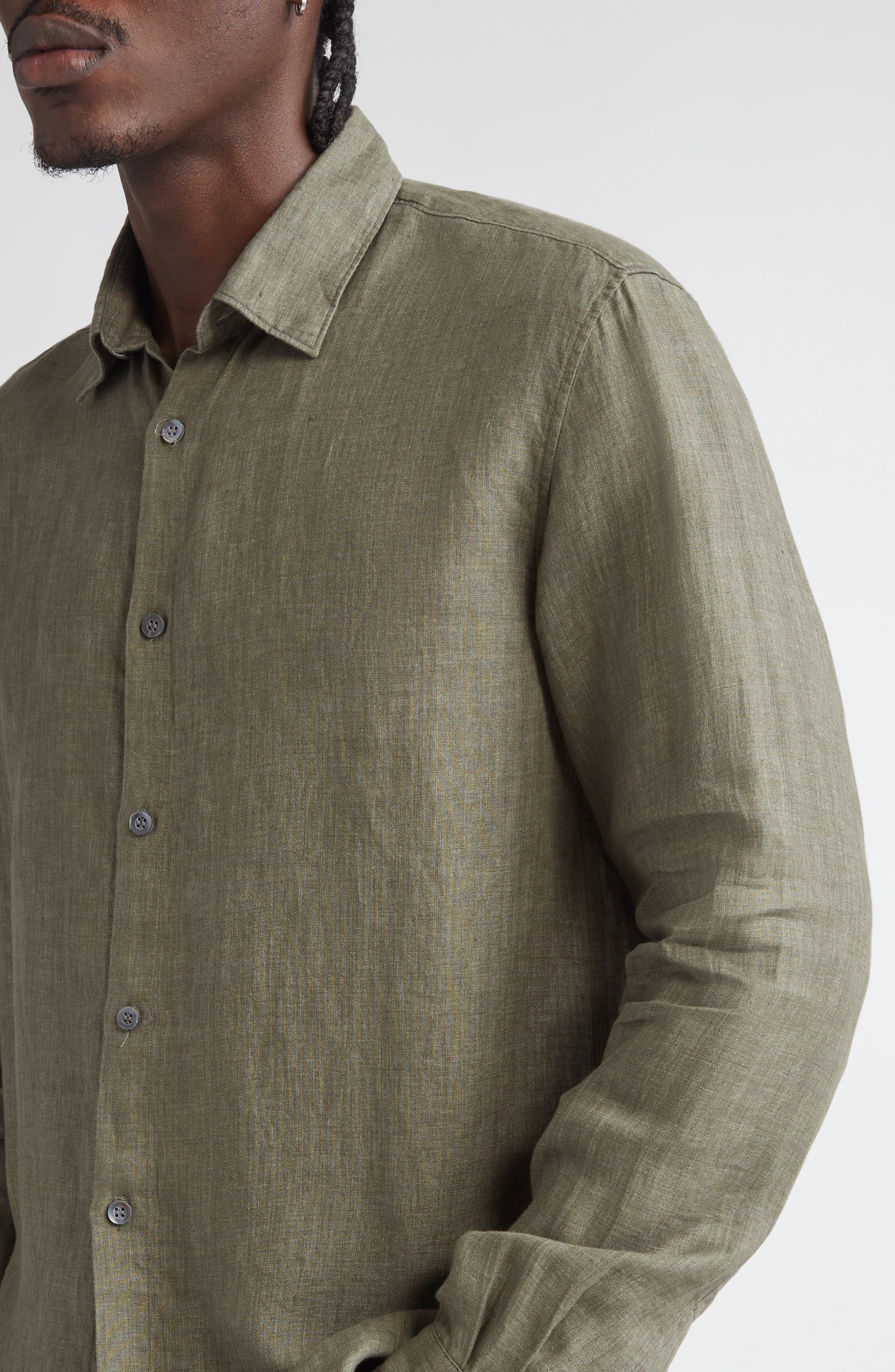 Sunspel Long Sleeve Linen Button-Up Shirt in Dusk Green at Nordstrom - 4