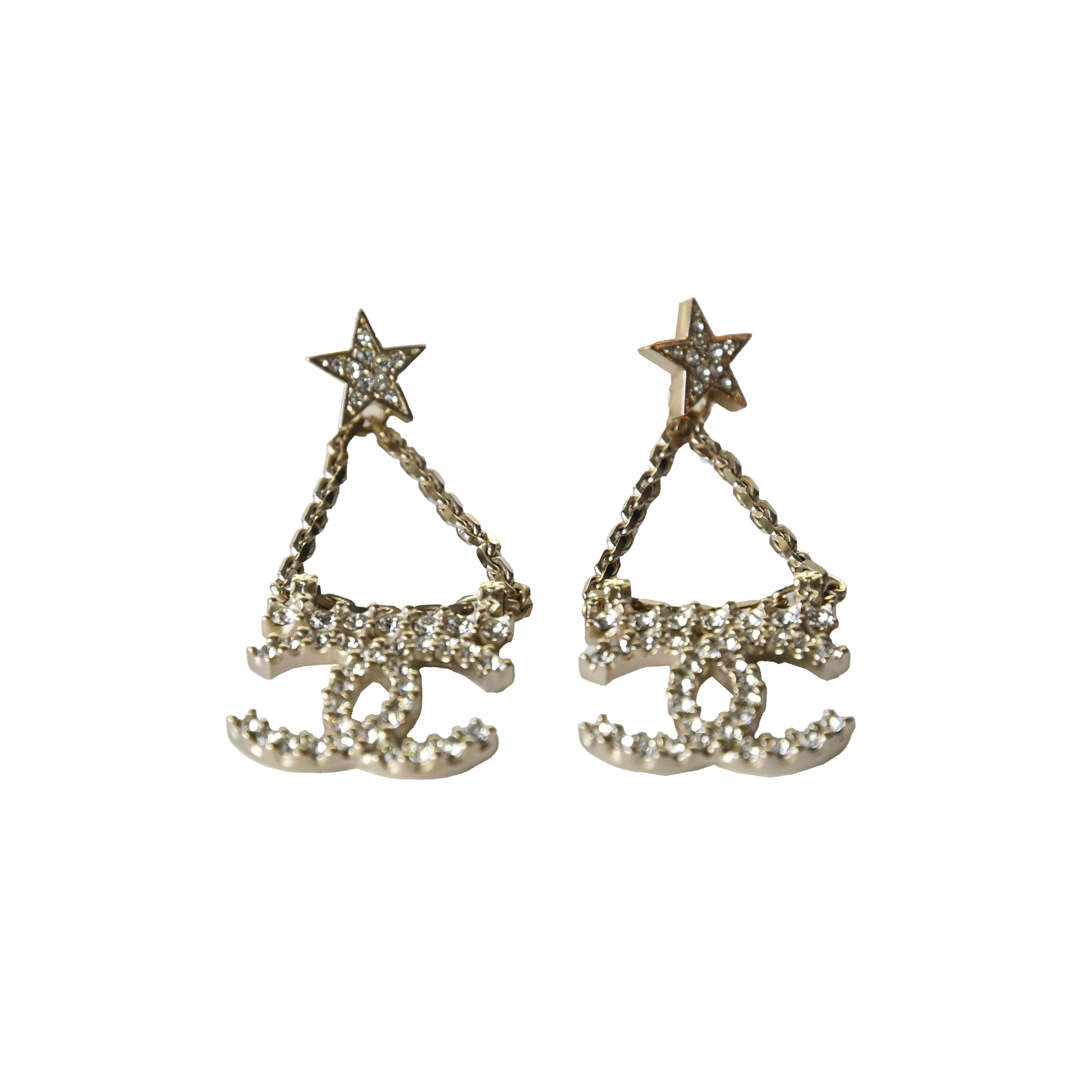 Chanel Crystal Strass Star CC Drop Earrings Gold - 2