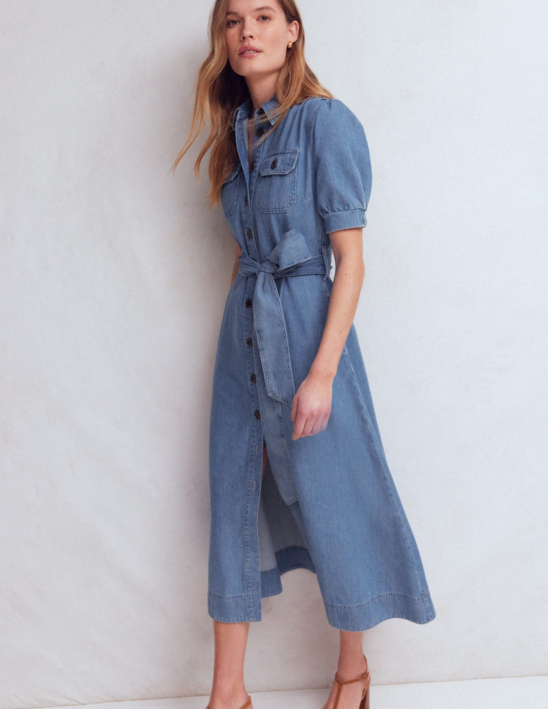 Puff Sleeve Denim Shirt Dress-Mid Vintage 5