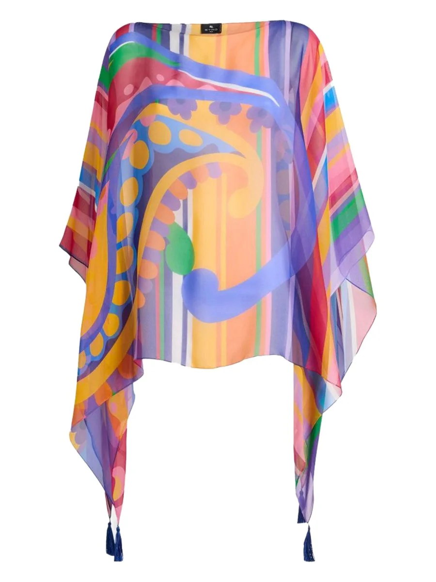SILK PONCHO TOP WITH PAISLEY PRINT AND TASSELS - 1