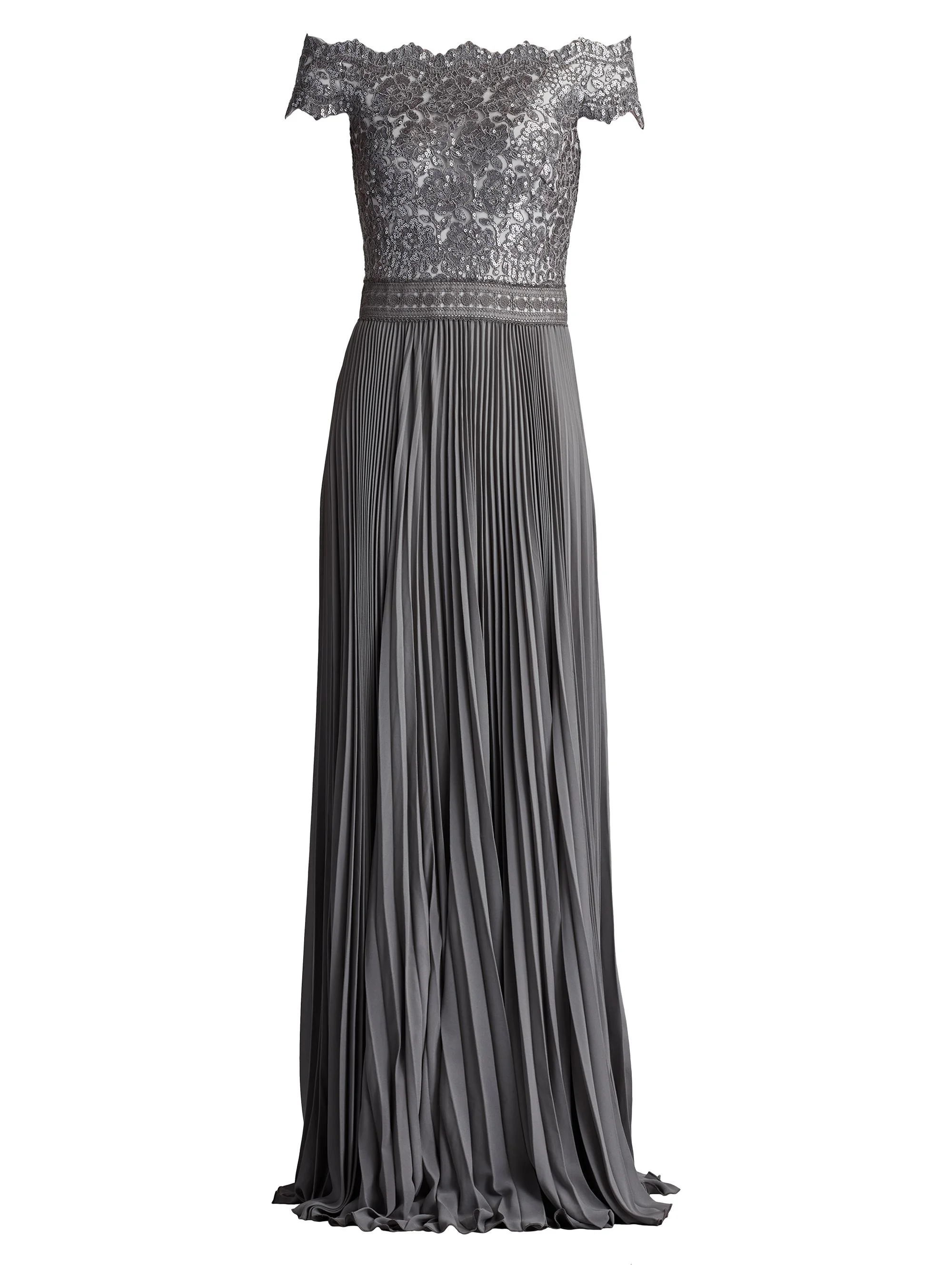 Women's Sequin Corded Lace Pleated Chiffon Gown - Mist - 1