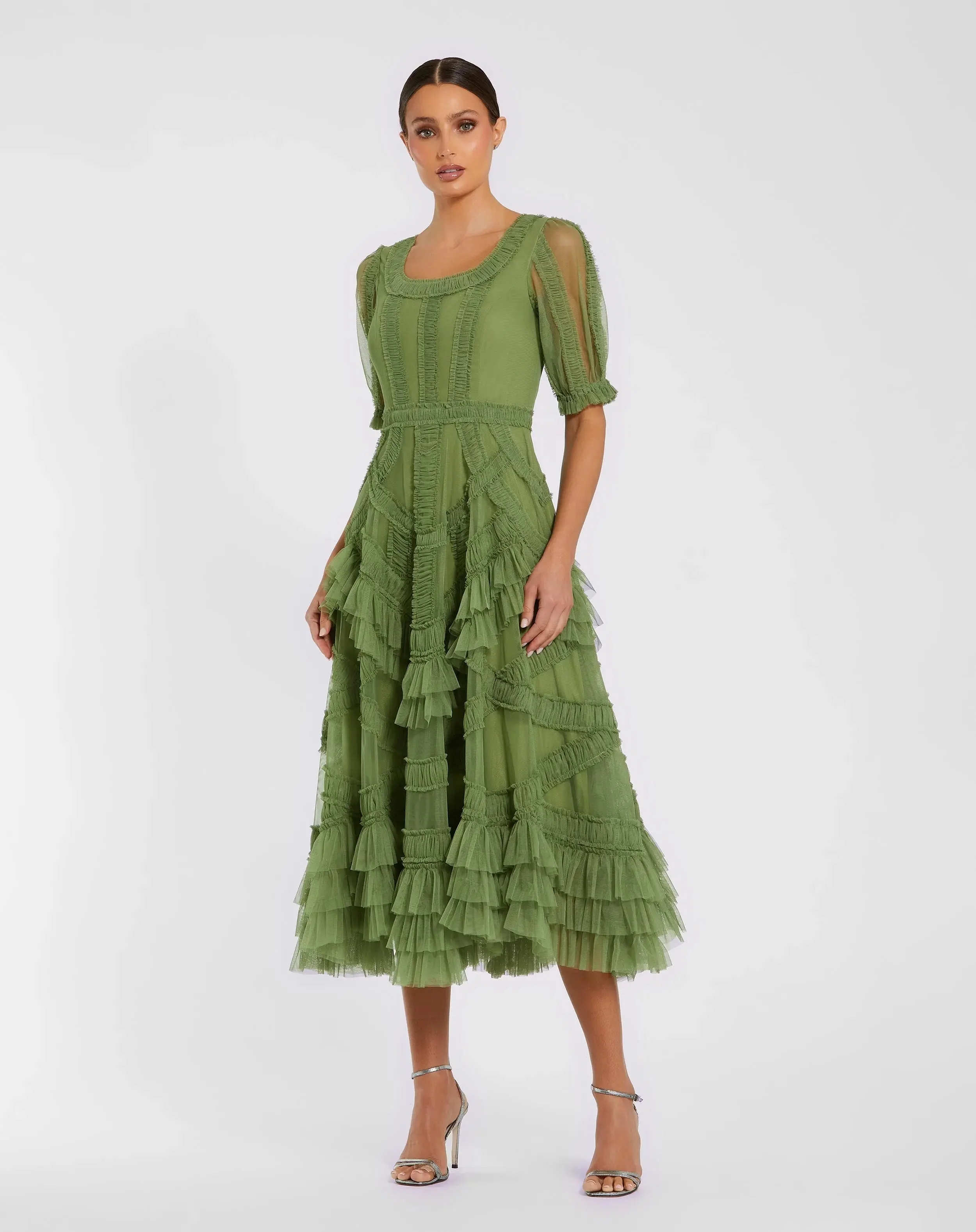 Green Short Sleeve Micro Ruffle Midi Dress - 1