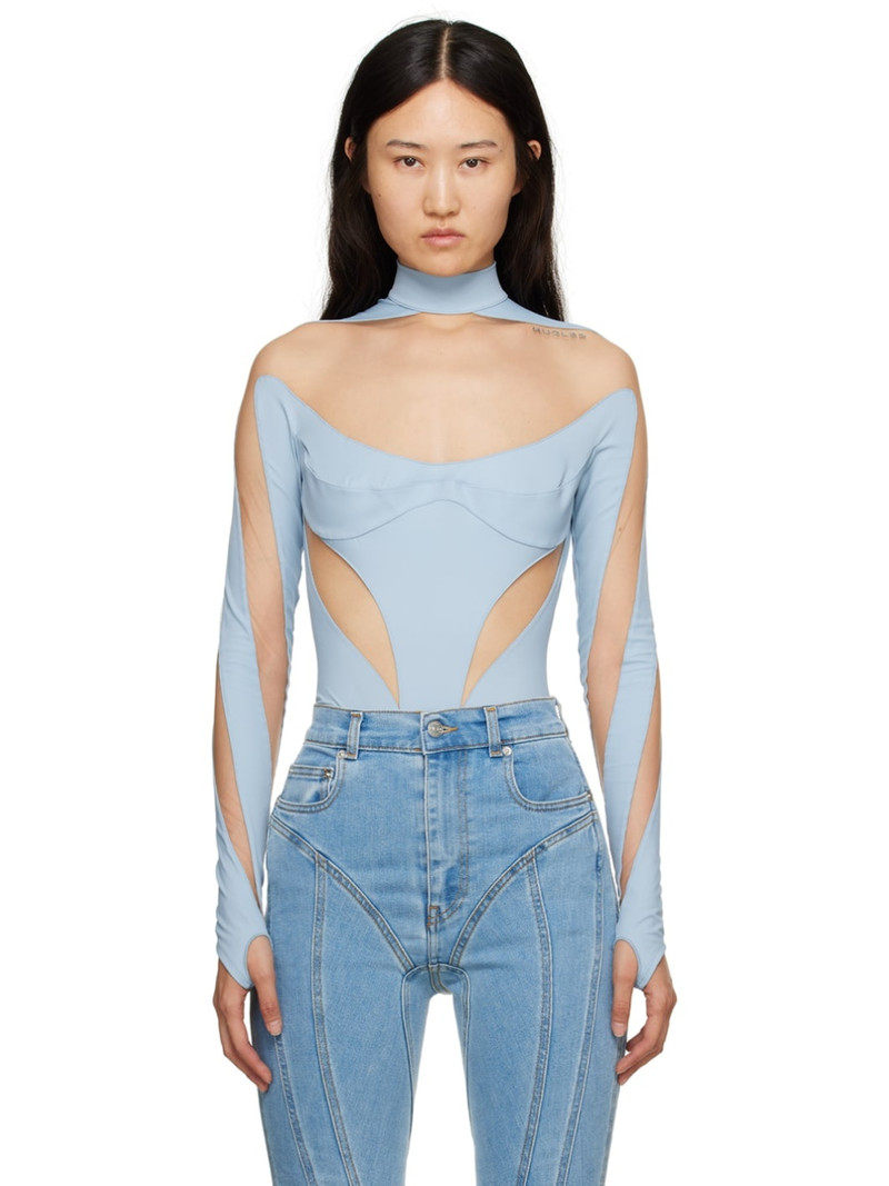 Blue & Beige Illusion Bodysuit - 1