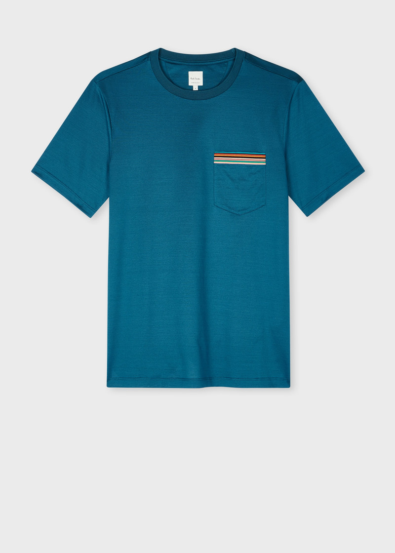 Petrol Blue 'Signature Stripe' Pocket T-Shirt 1