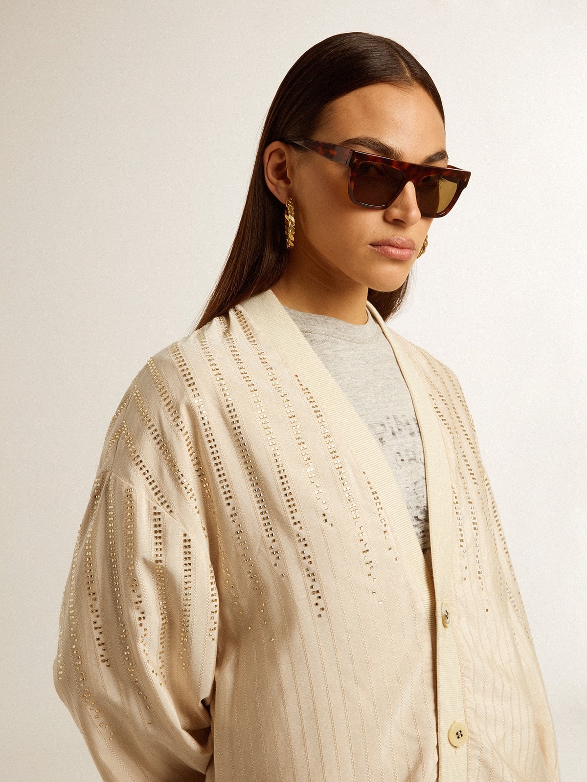 Women's silk and viscose cardigan with pinstripe motif - 6
