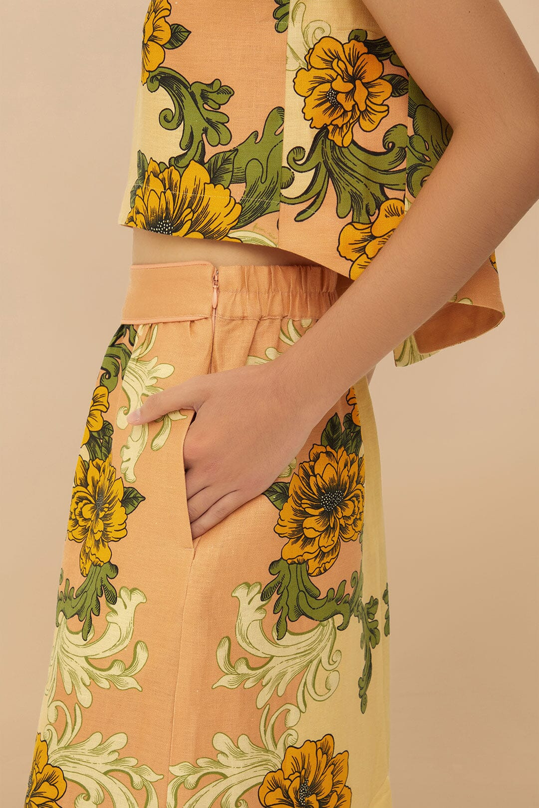 Cream Delicate Flower Arabesques Euroflax™ Premium Linen Midi Skirt - 5