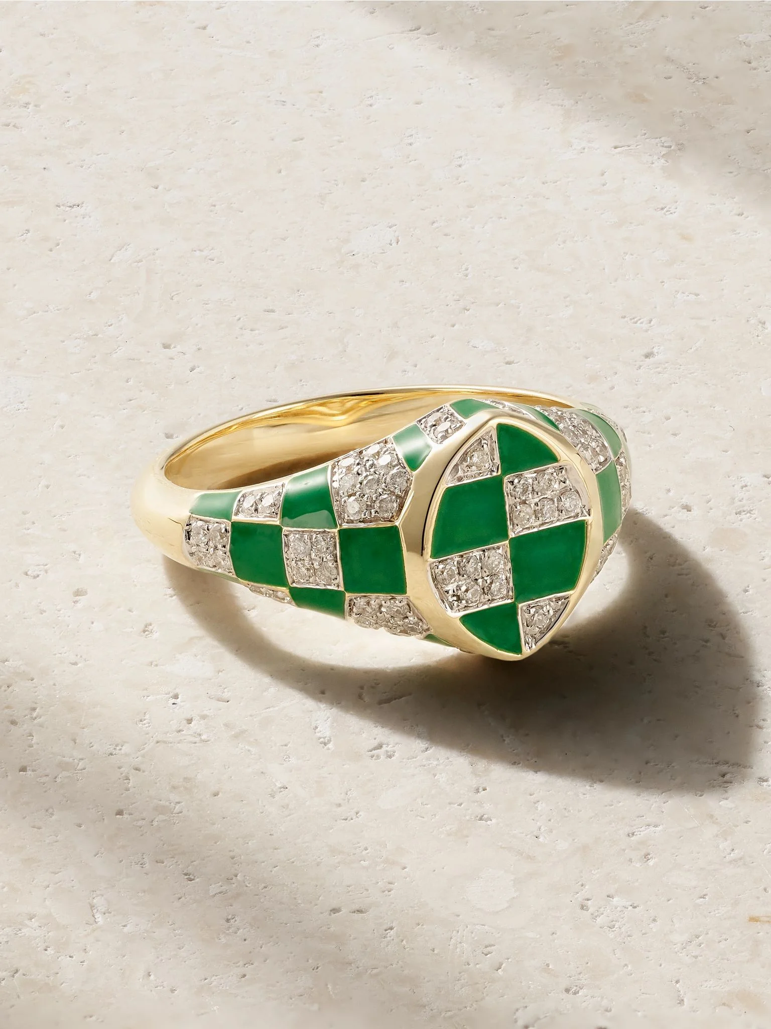 Baby Chevalière Marquise 9-karat yellow and white gold, enamel and diamond signet ring Gold - 1