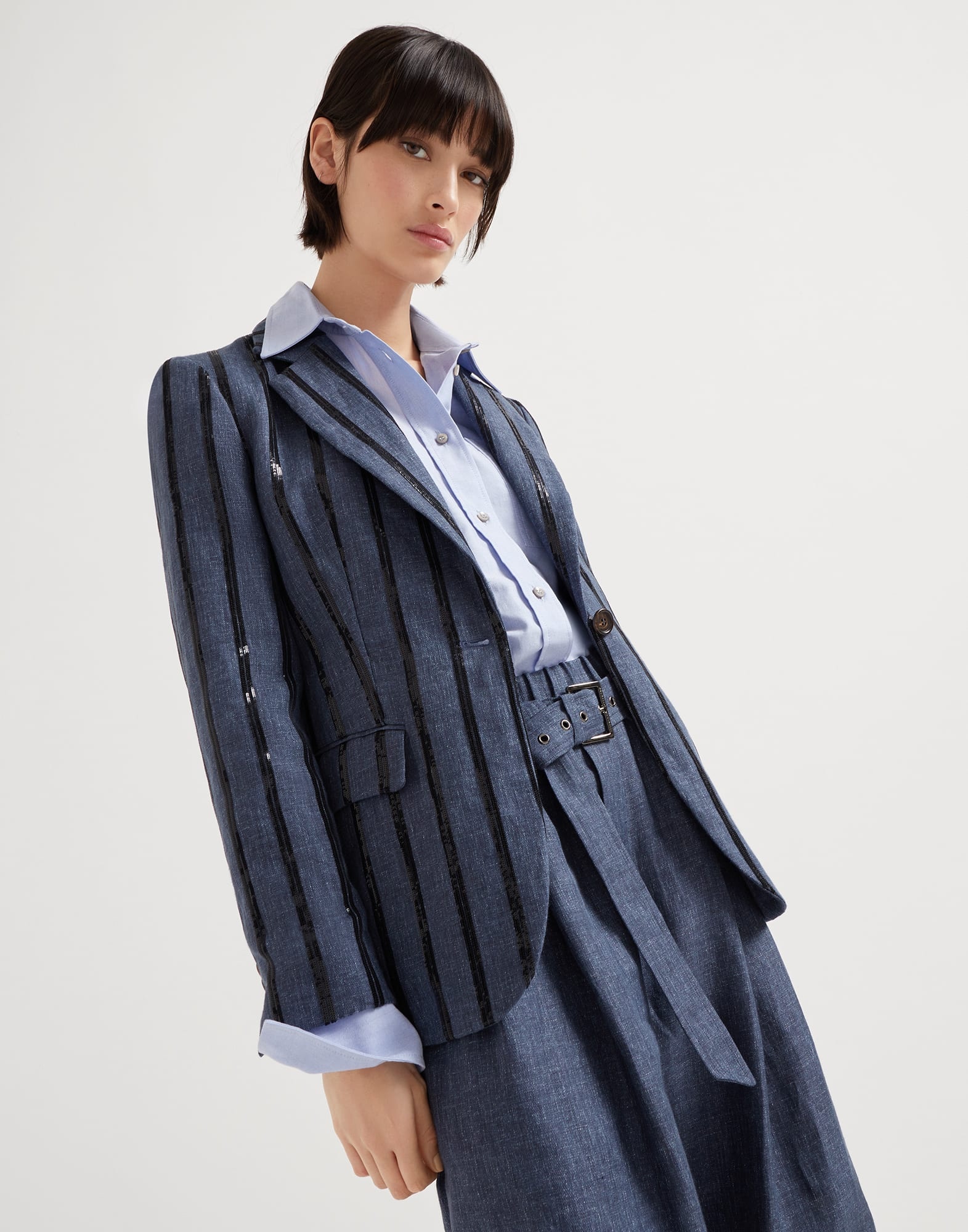 Denim effect linen blazer with dazzling stripe embroidery - 4