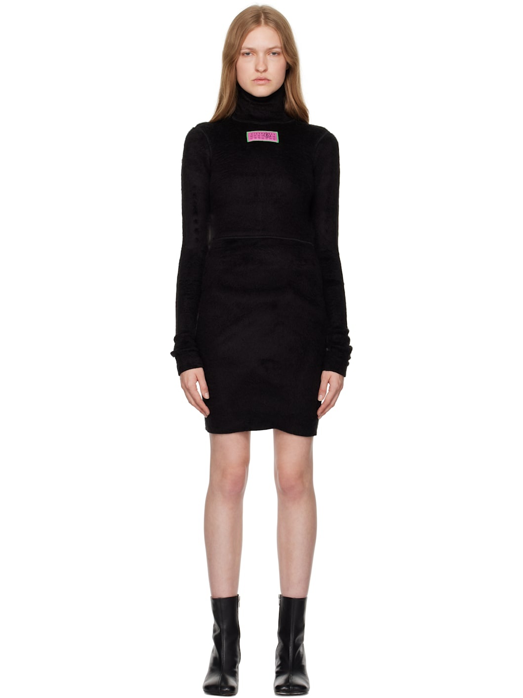 Black Furry Jersey Minidress - 1