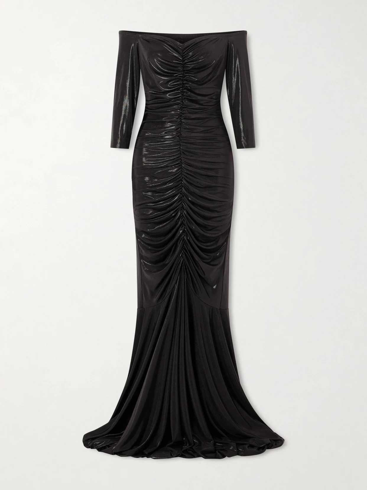 Off-shoulder Ruched Stretch-lamé Gown - 1