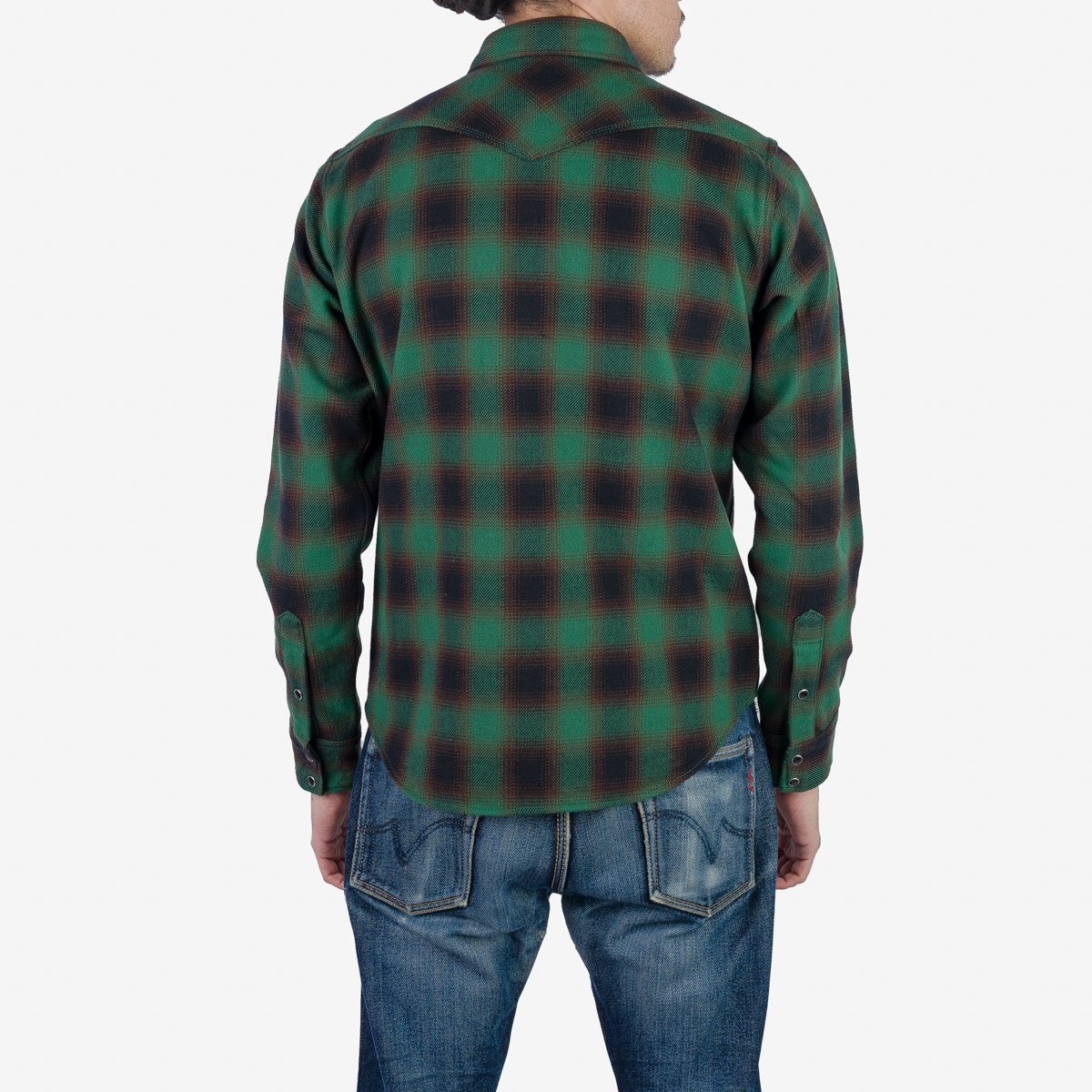 IHSH-373-GRN Ultra Heavy Flannel Ombré Check Western Shirt - Green - 4