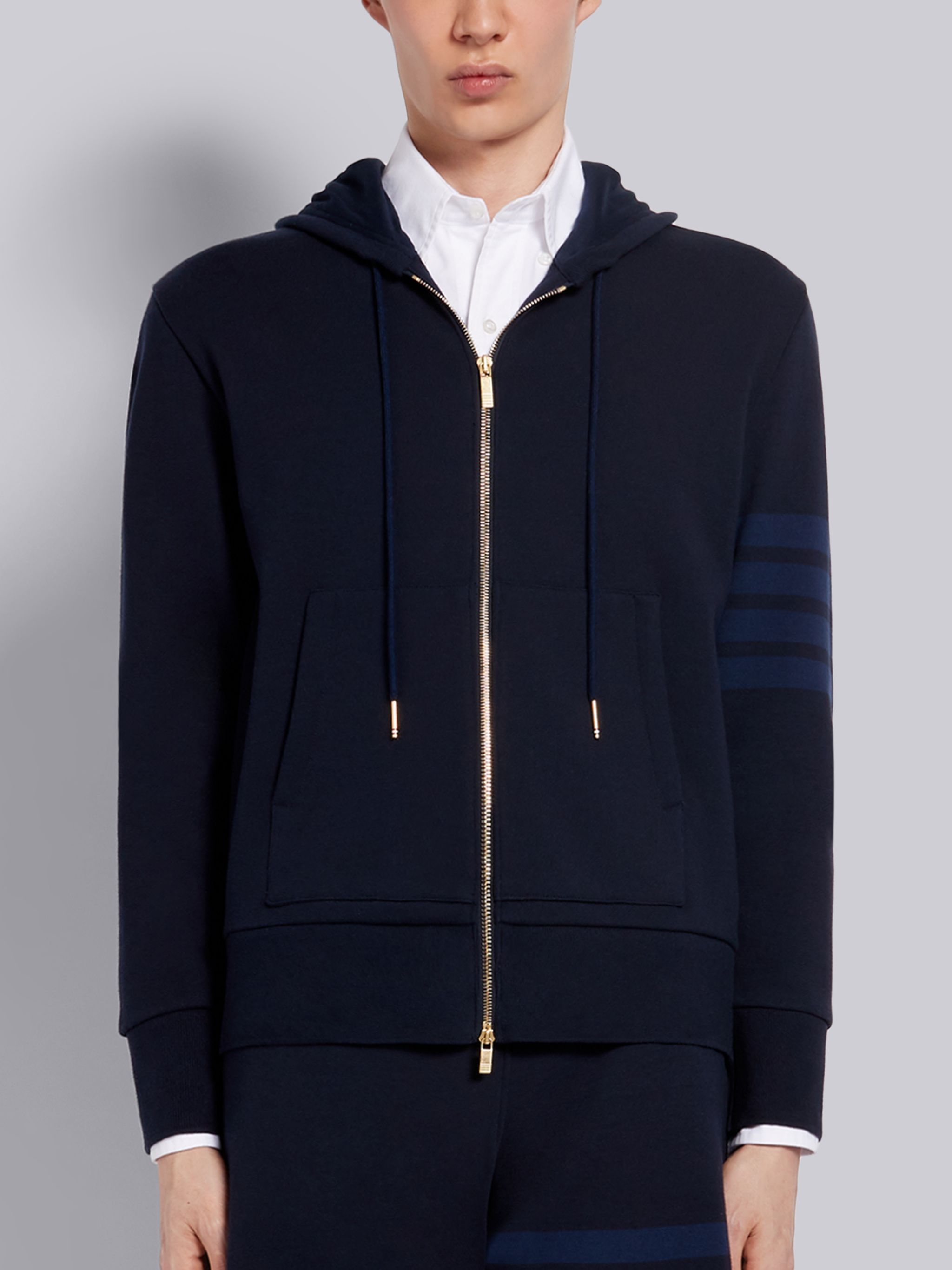 Navy Cotton Loopback Relaxed Fit Tonal 4-Bar Zip-up Hoodie - 1