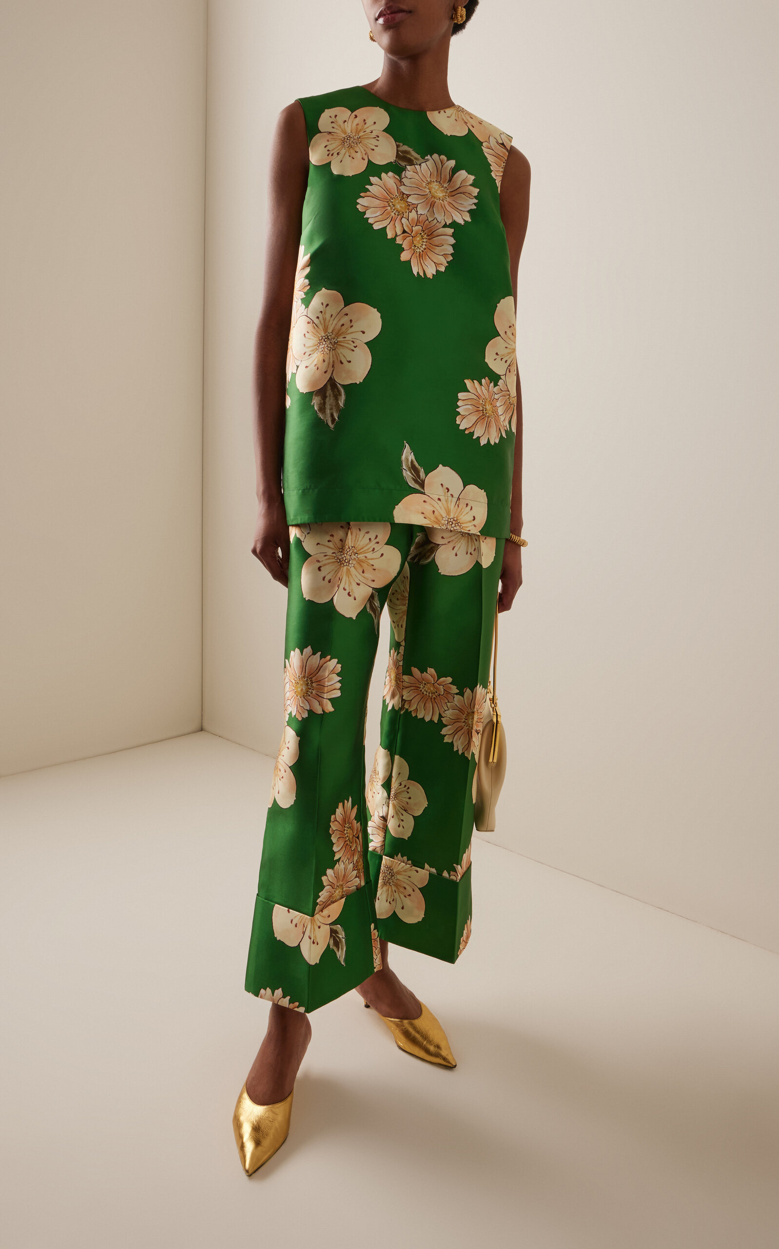 Sage Printed Satin Top green - 3