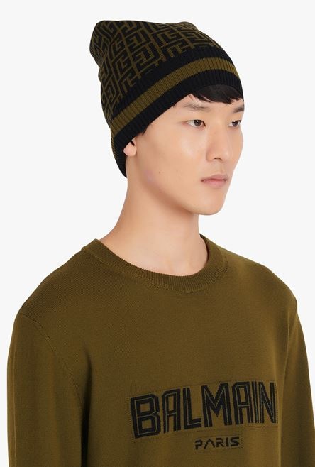 Khaki and black wool beanie with Balmain monogram - 4