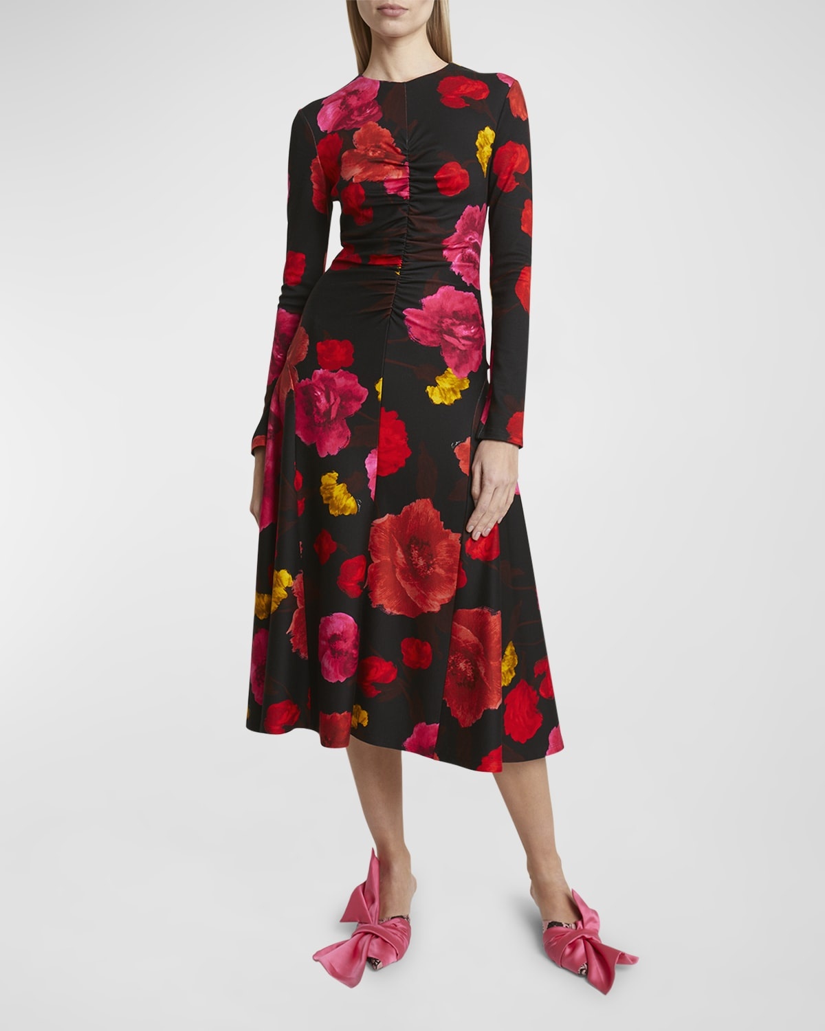 Ruched Floral Long-Sleeve Midi Dress - 7