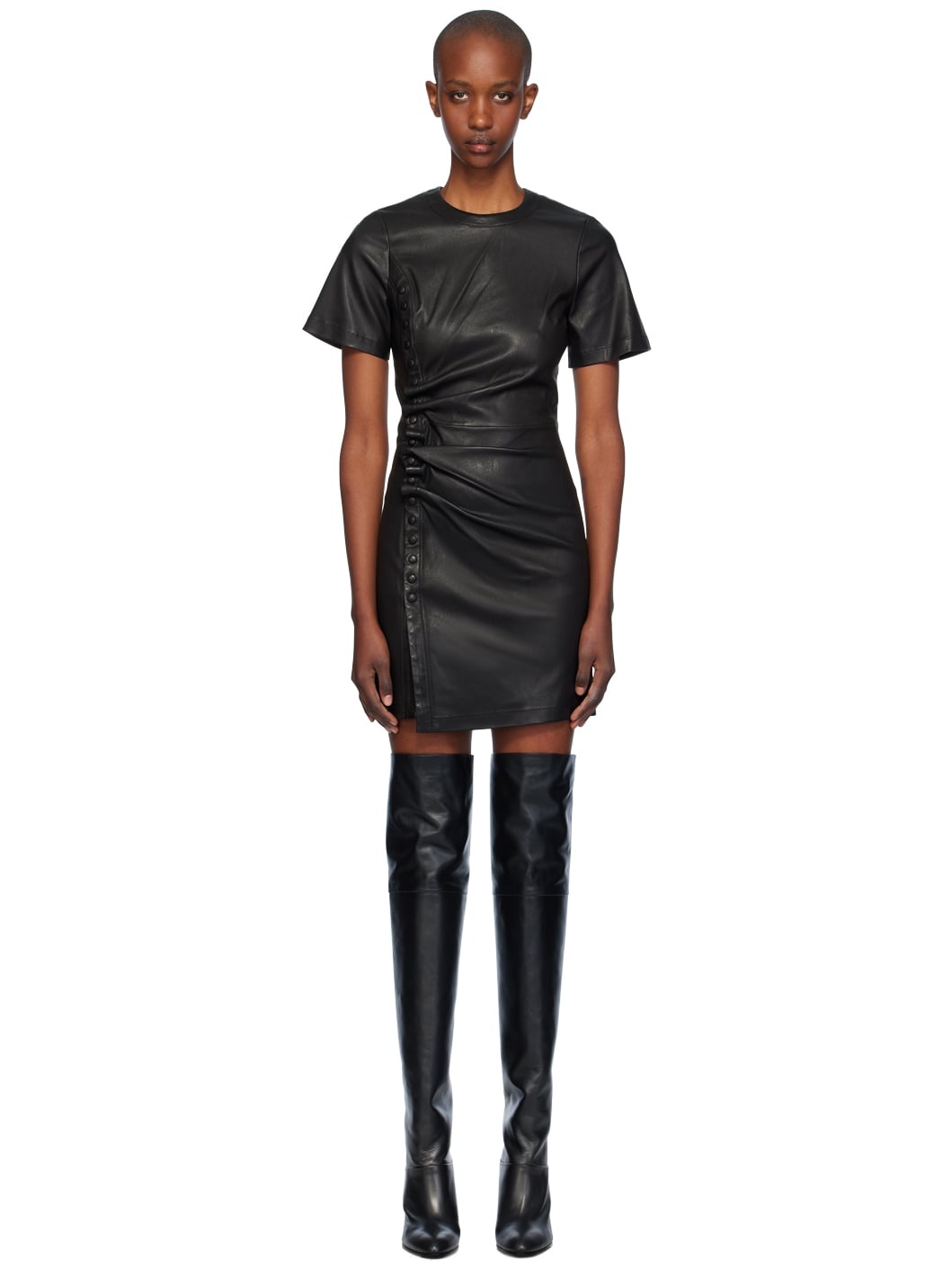Black Gathered Leather Minidress - 1