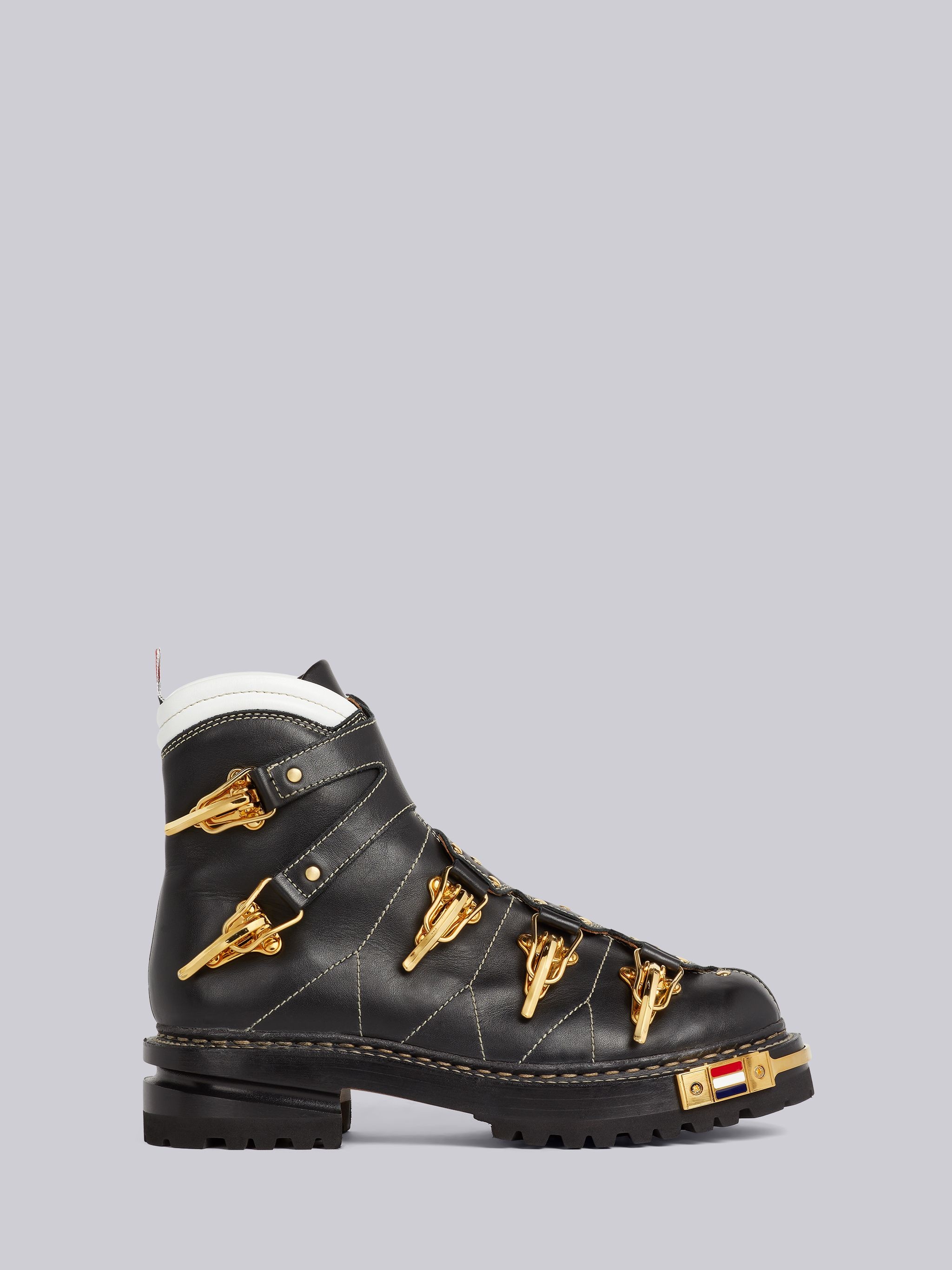 Black Vitello Calf Leather Brass Toe Stacked Sole Multi Buckle Ski Boot - 1