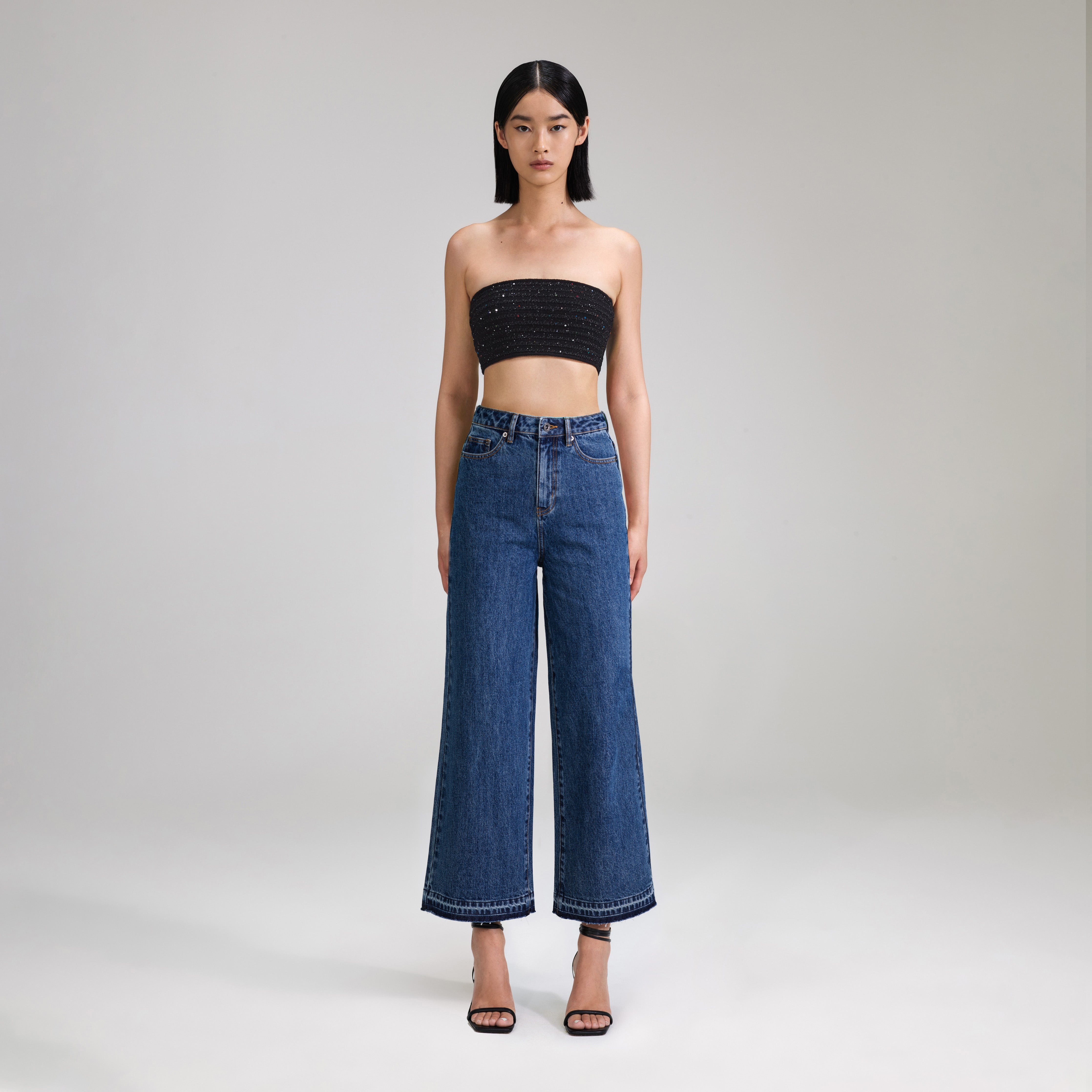 Blue Denim Cropped High Rise Trouser - 1