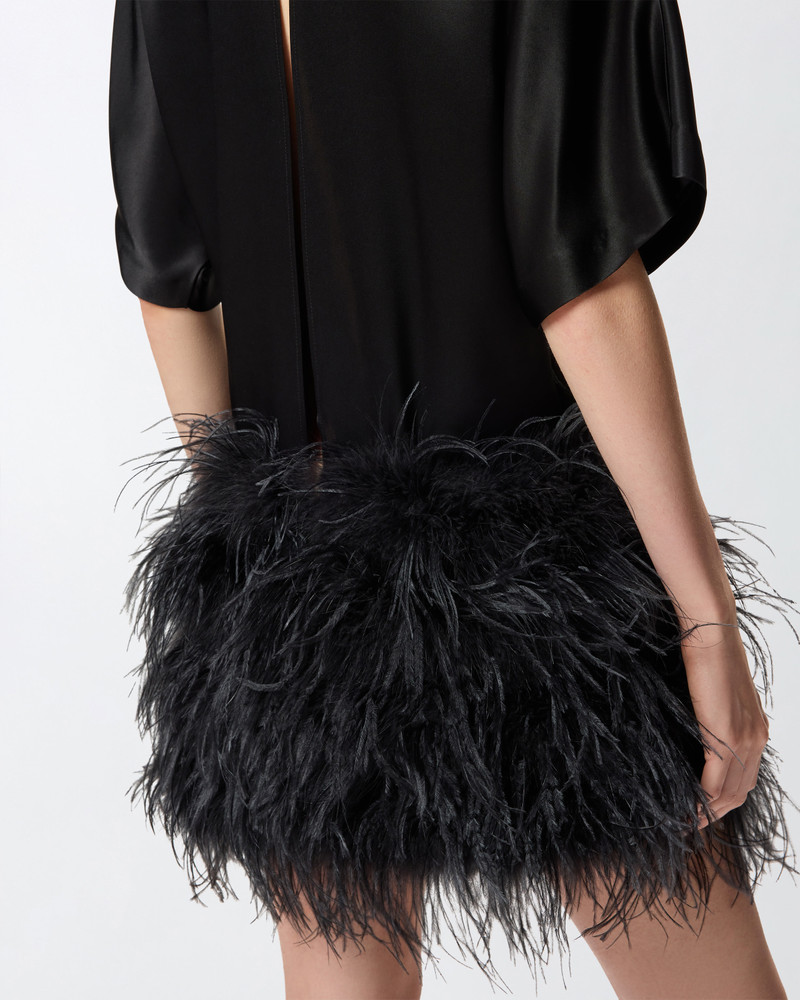 GLOSSY SATIN EVENING DRESS WITH FEATHERS 5