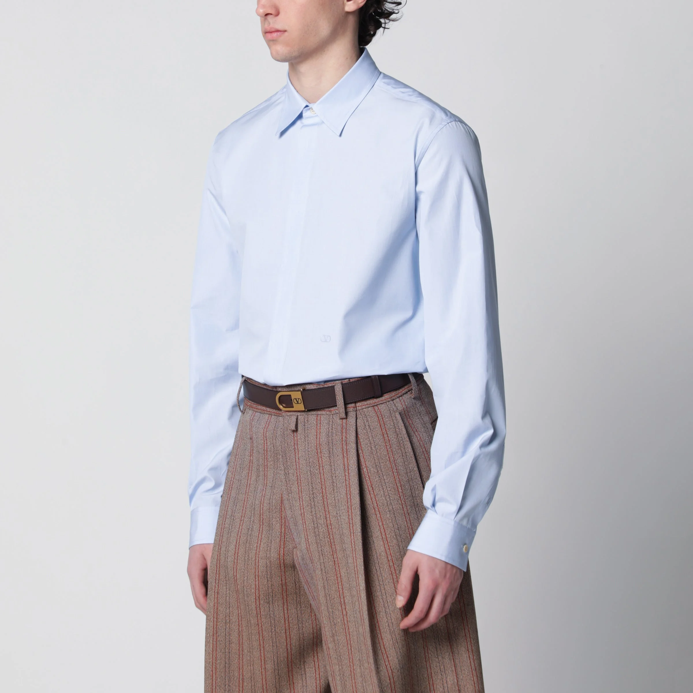 Light blue fil-à-fil cotton shirt with VLogo embroidery - 1