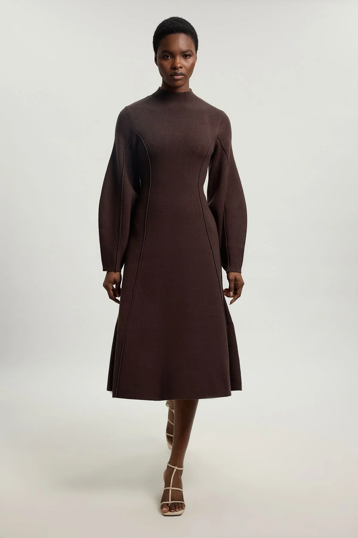 Wool Look Rounded Sleeve High Neck Knit Midi Dress - 1