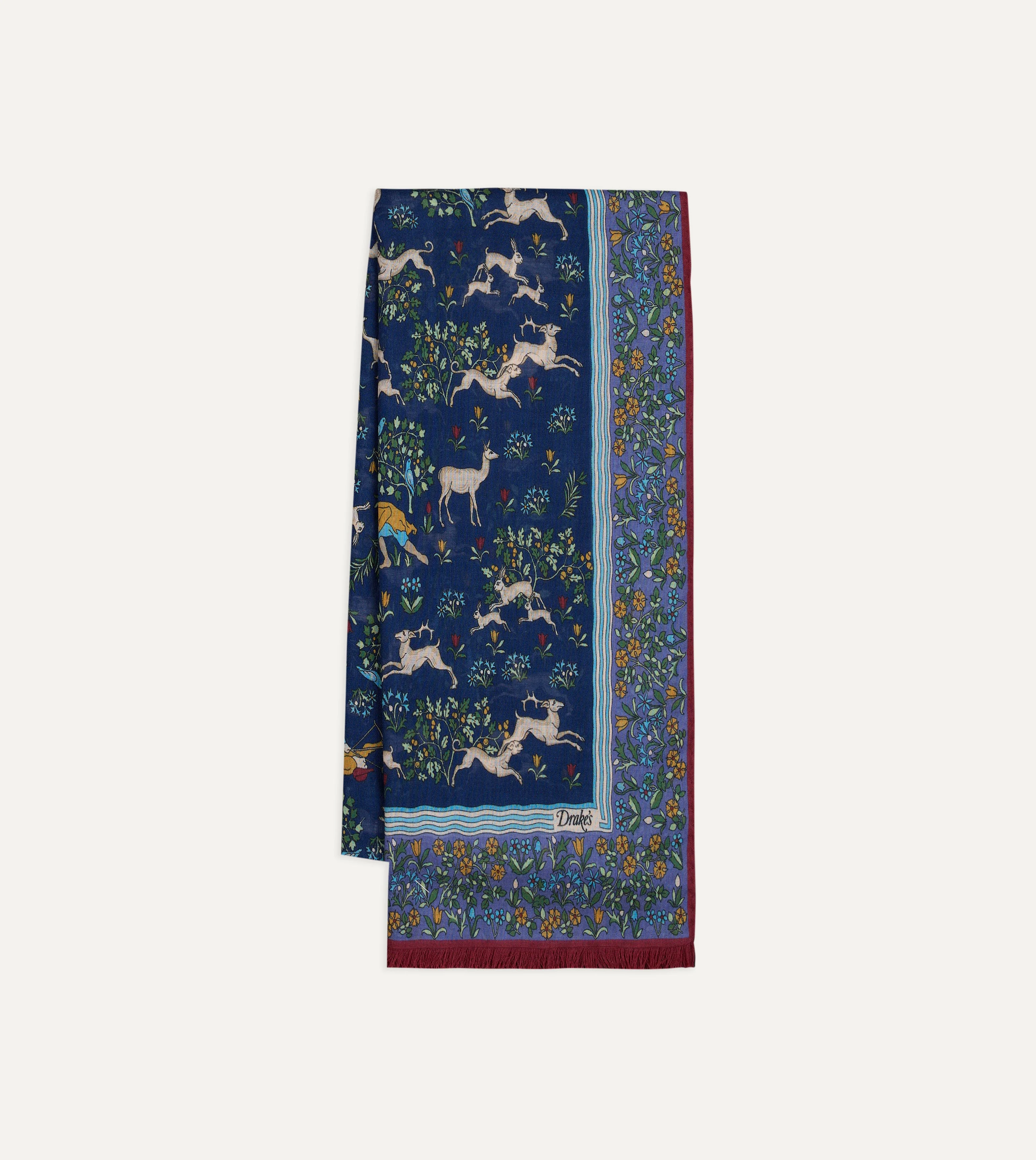 Navy Archival Animals Print Wool-Silk Scarf - 1