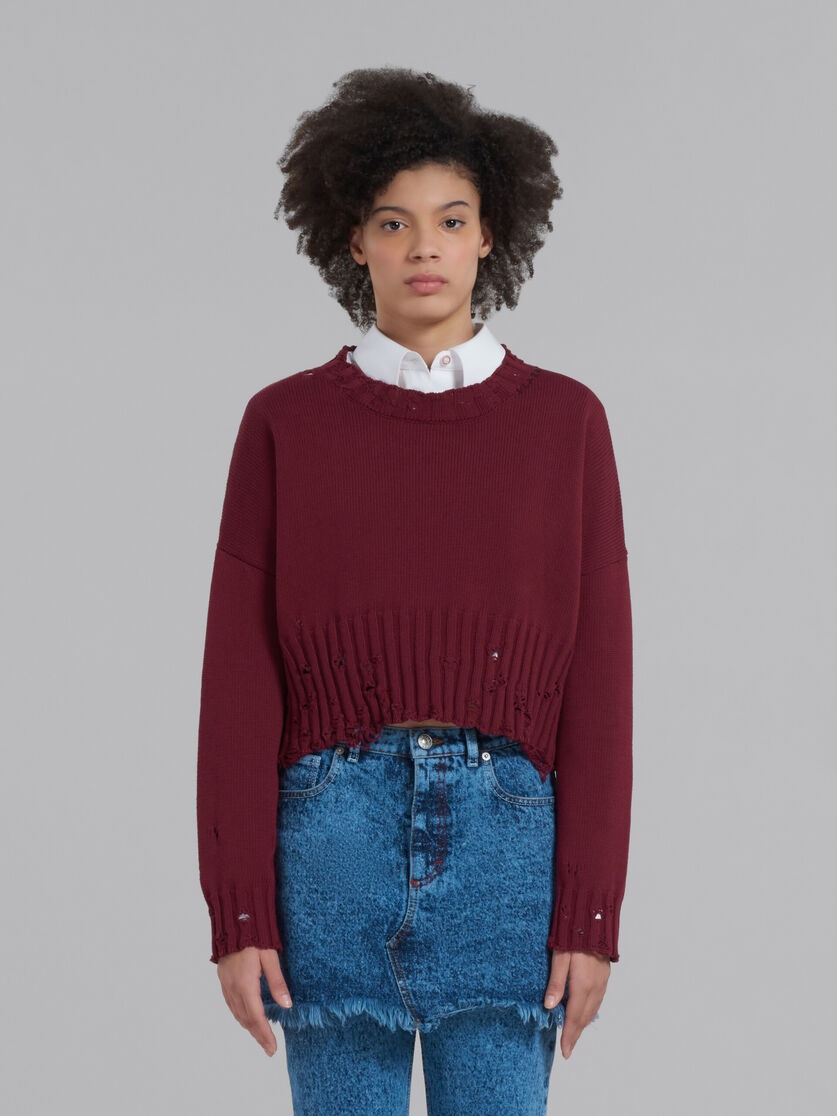 RUBY RED COTTON SWEATER WITH DISTRESSED TRIMS - 2