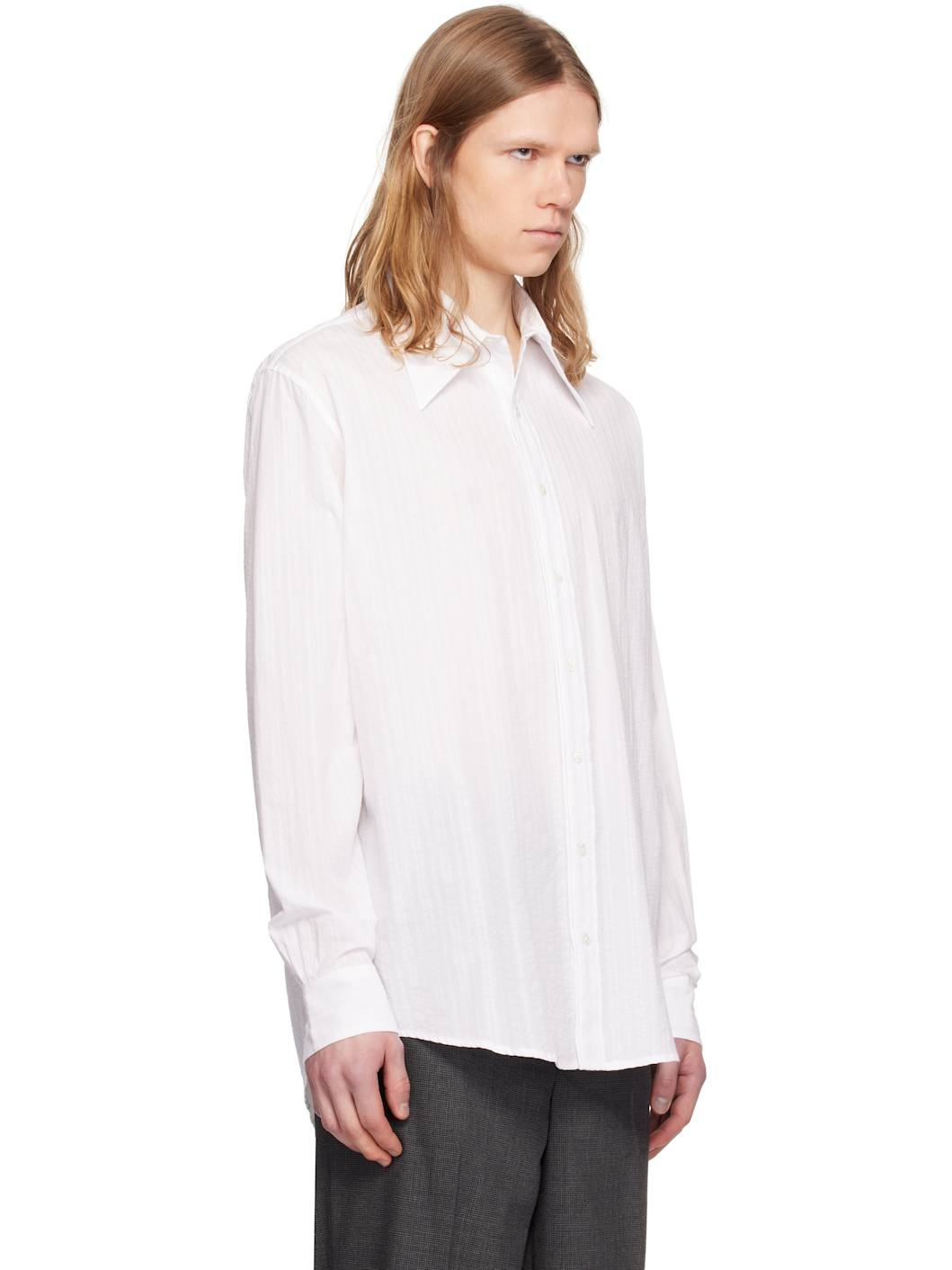 White Seersucker Large Collar Shirt - 2